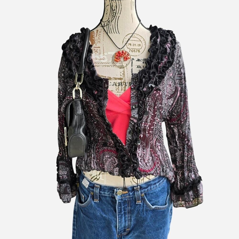 Signature8 Black and Pink Paisley Ruffle Blouse